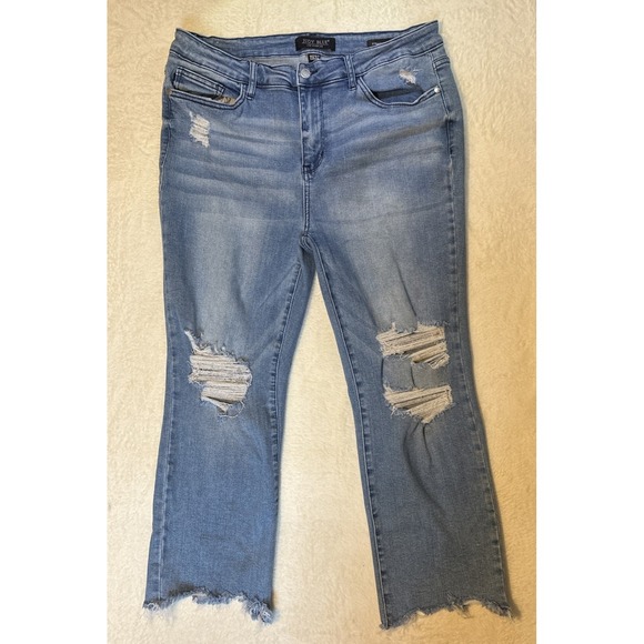 Judy Blue Denim - Judy Blue Straight Crop Jeans Women's Distressed Ripped Blue Denim Size 15/32